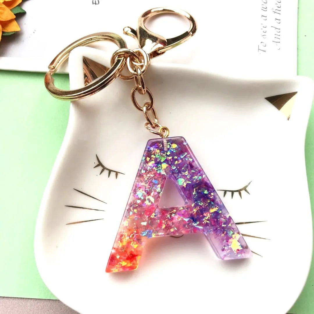 Trendy Glitter Resin Initial Alphabet Letter Pendant Keychain for Women A-z Jewelry Sequined Resin Key Chain Bag Accessories