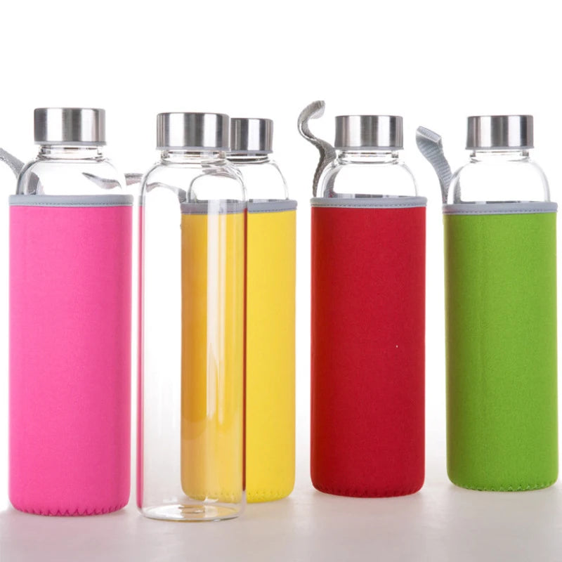 Hot Sale Portable Borosilicate Glass Water Bottle for Hiking Camping Custom Clear Transparent with Sleeve Lid for Boiling Water