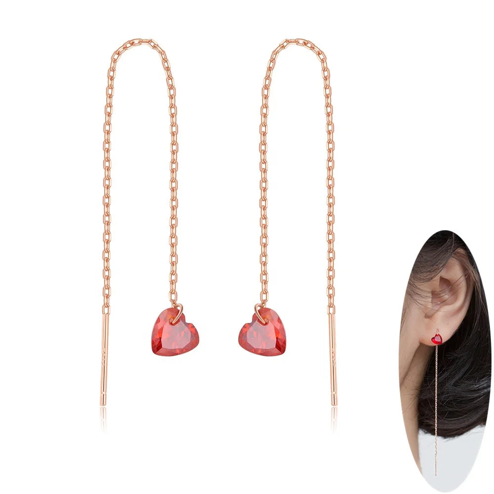 Trendy Rose Gold Plated 925 Sterling Silver Red Heart Threader Earrings CZ Thread Dangle Long Tassel Chain Pull Through Earring