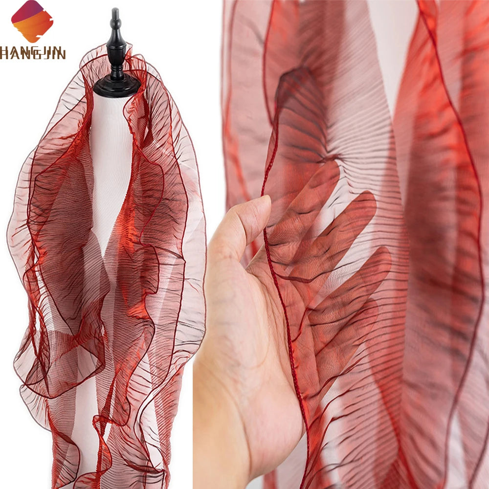 Shimmer Gradient Mermaid Sheer Organza Transparent Bright Wave Single Ruffle Lace Trim 3D Pleated Mesh Lotus Leaf Fabric