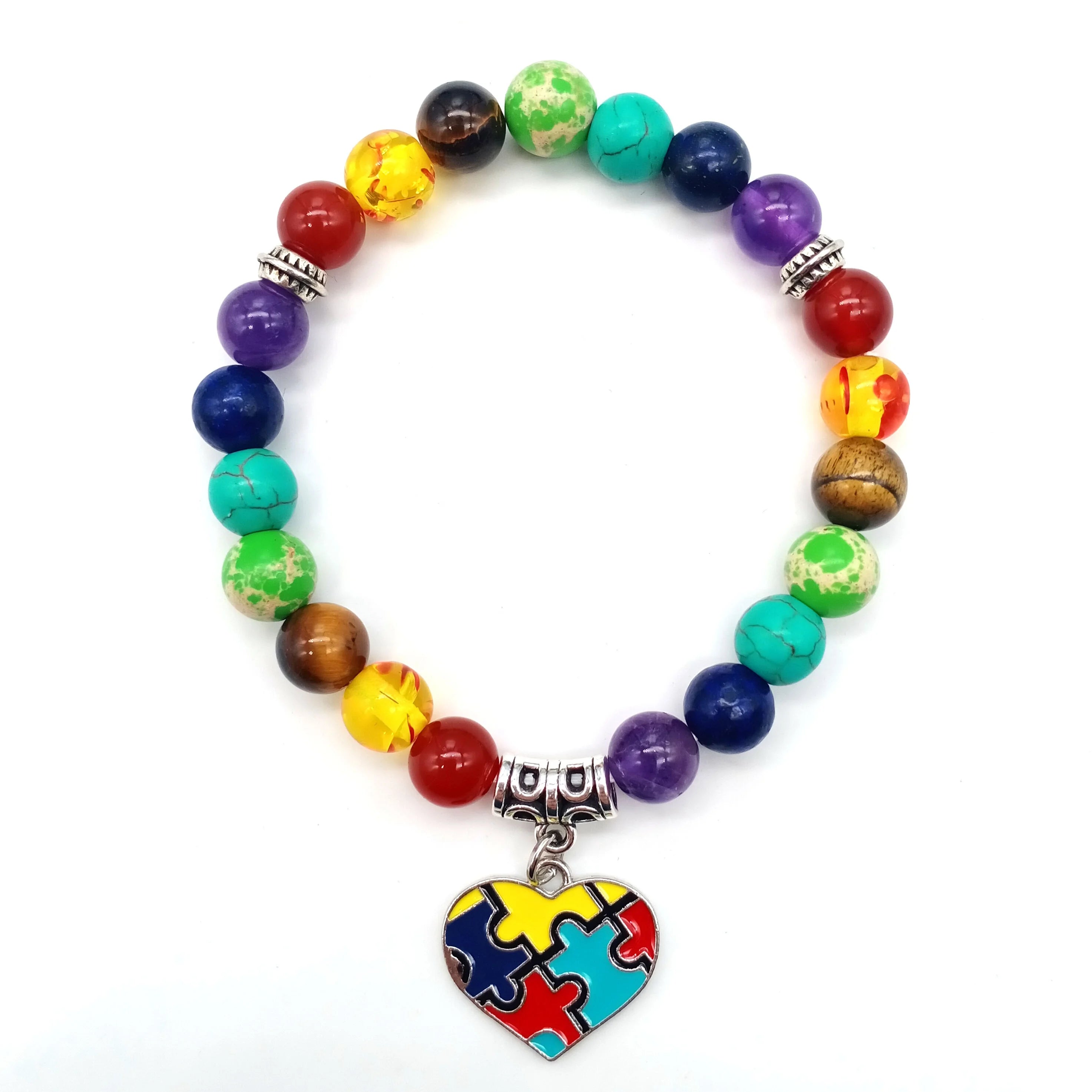 Autism Puzzle 7 Chakra Beads Elastic Bracelet Silver Gold Plated Zinc Alloy Amethyst Rainbow Autism Awareness Jewelry Gift