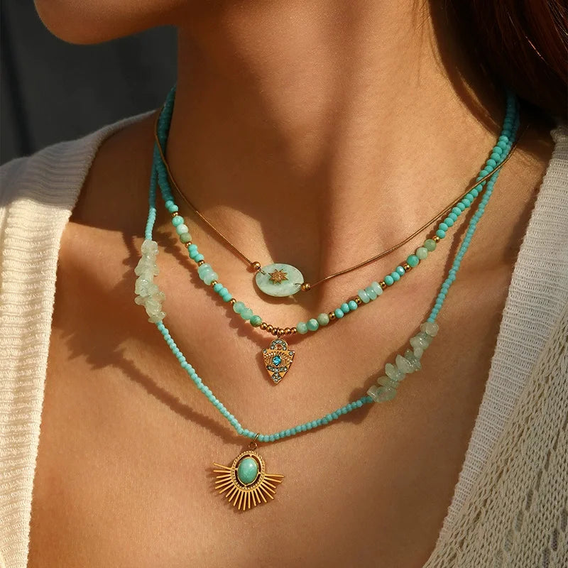 Tarnish Free Boho Jewelry Stainless Steel Snake Chain Choker Natural Stone Amazonite Beads Stacking Necklace
