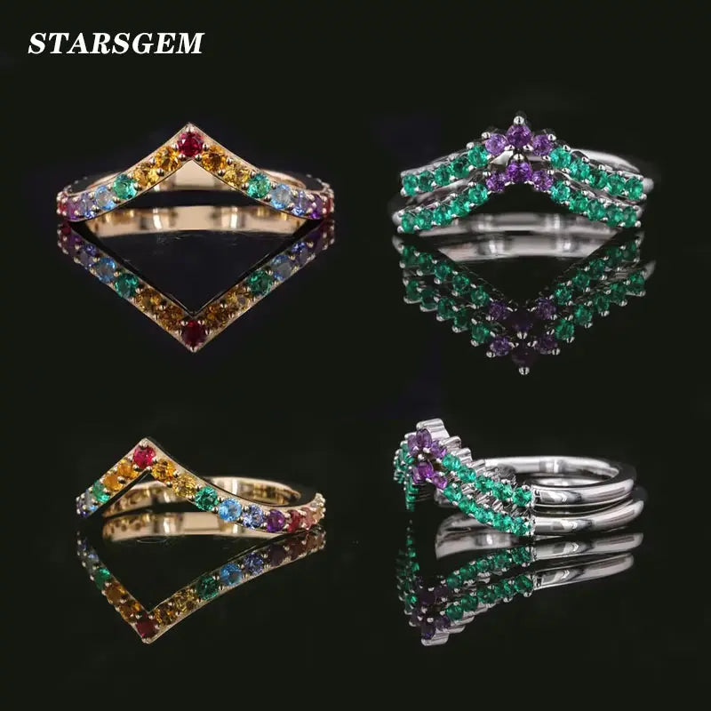 China Wholesale Starsgem Round Cut Luxury Colorful Diamonds Engagement Ring S925 10k/14k/18k Gold Emerald Rings