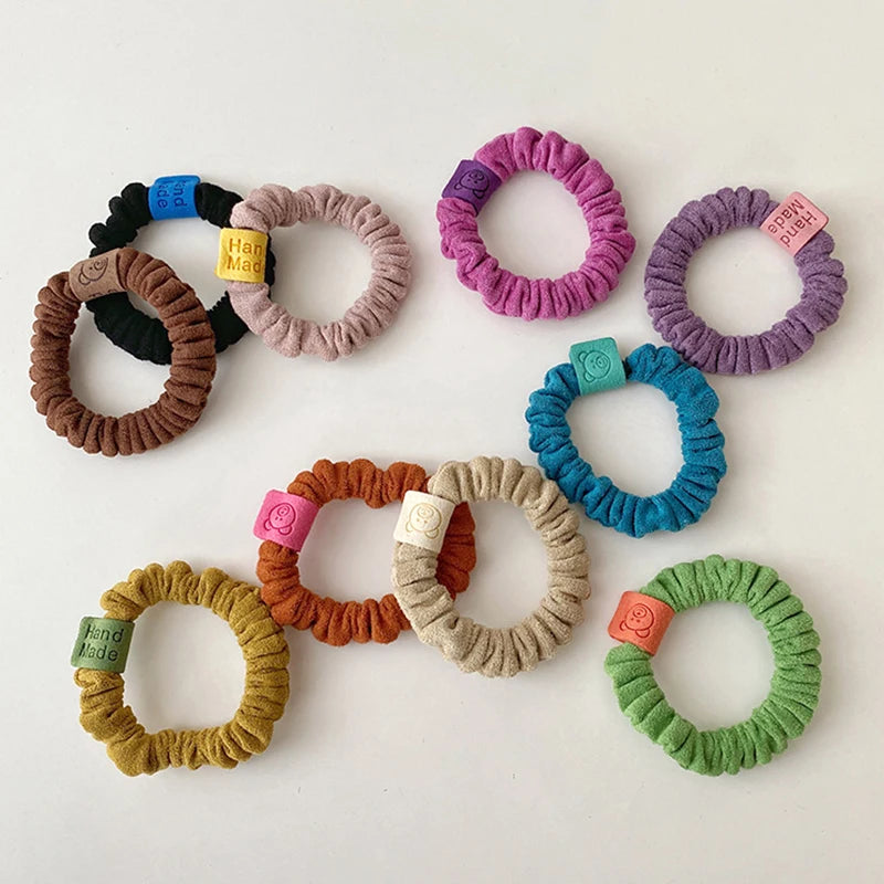 6cm Diameter Crinkle Suede Velvet Hair Scrunchies With Bear Handmade Label Elastic Hair Bands for Women