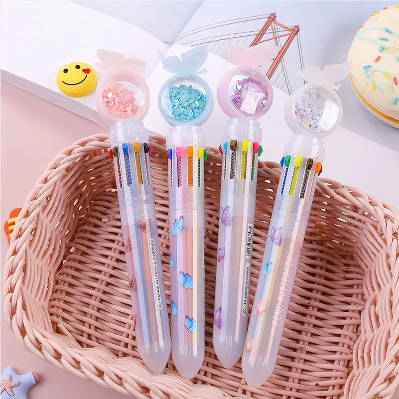 Students Stationery Creative Cute Sequin Transparent Multi Color 10 in 1 Ball Pen for School