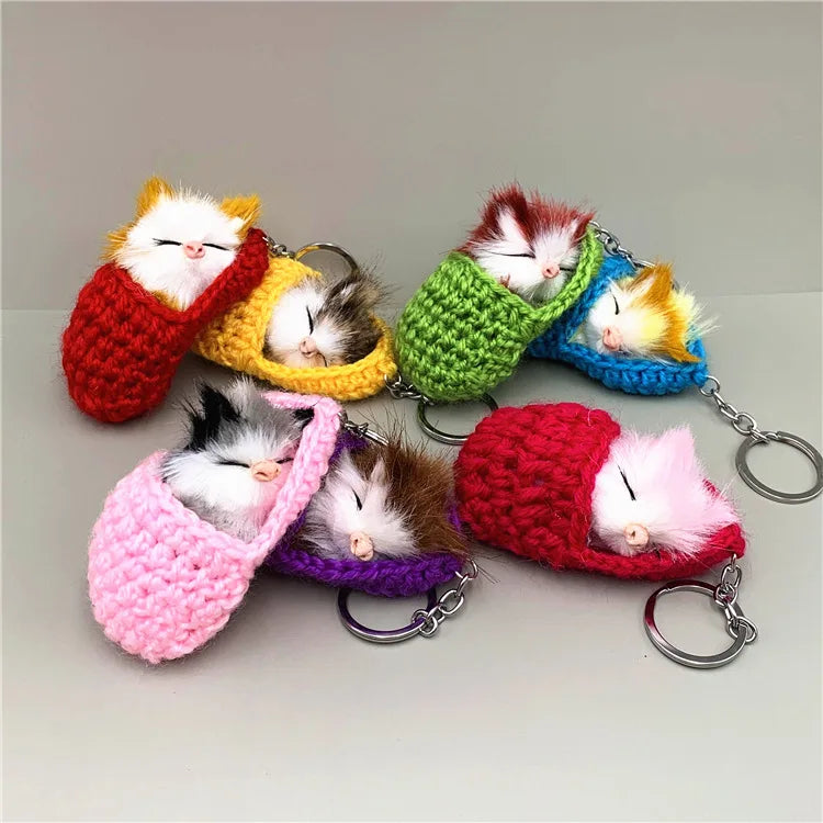 Cute Sleeping Cat Pompom Keychains for Women Girls Handmade Woven Shoes Faux Rabbit Fur Kitten Key Chains Fluffy Car Key Rings