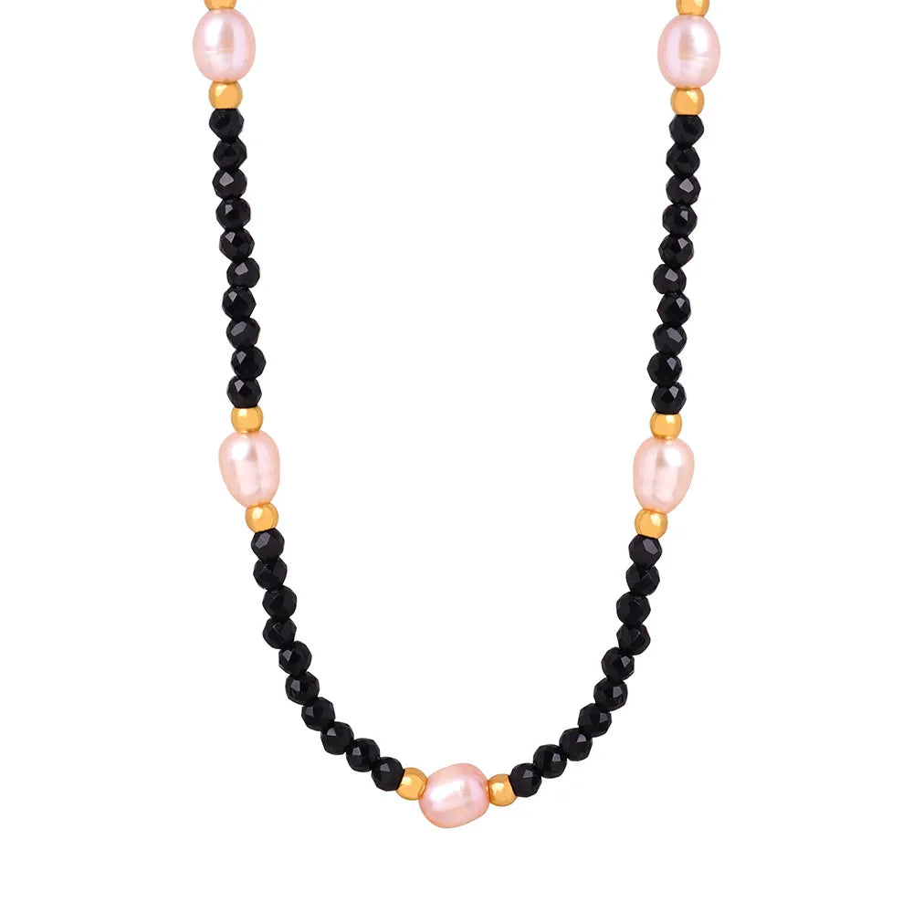 New Arrival Bohemian Freshwater Pearl 18k Gold Plated Beads Necklace Black Natural Stone Beaded Stainless Steel Choker Necklace