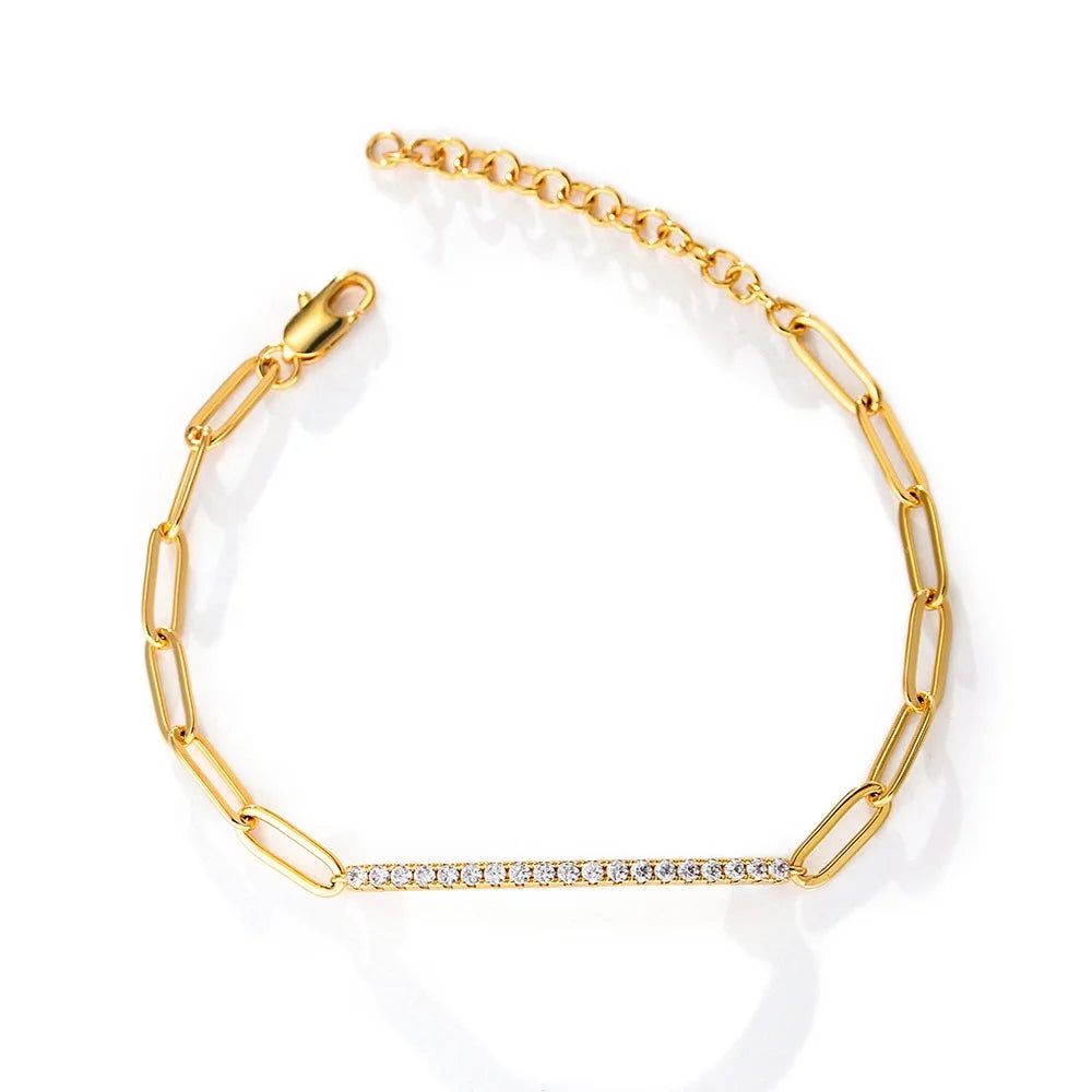 Hip Hop Minimalist bar Paper Clips Psj Brass Rhodium 18k Gold Plated Cubic Zirconia Adjustable Chain Link Bracelets for Women