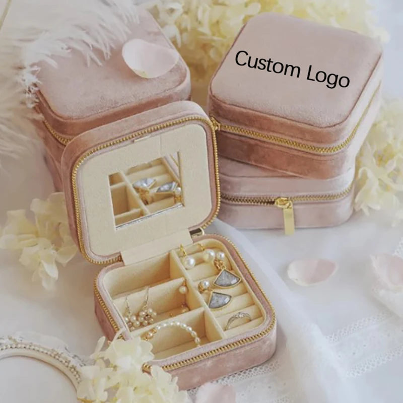 Custom Logo Travel Ring Earrings Necklace Storage Organizer Small Velvet Case with Mirror for Travel Jewelry Boxes
