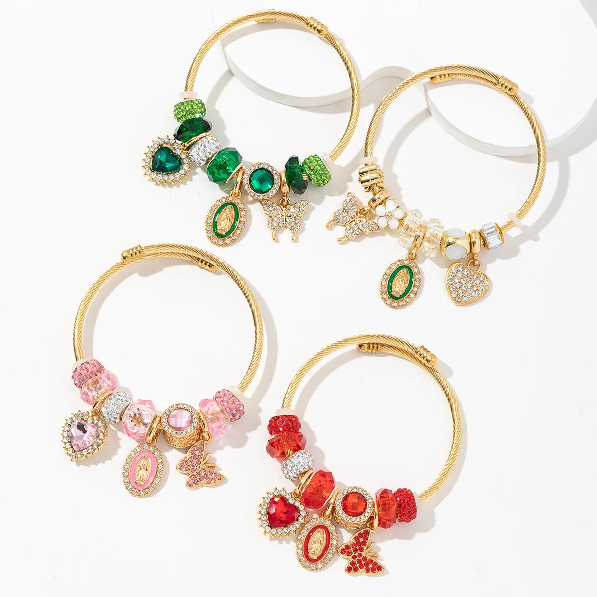 European American Religion Jesus Madonna Love Beaded Crystal Butterfly Stainless Steel Bracelet for Woman