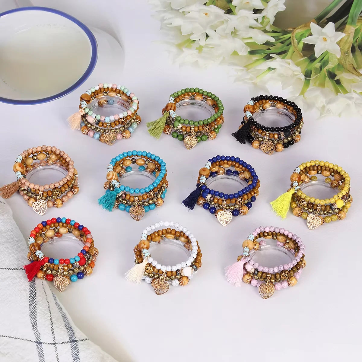 Factory Direct Sale Boho Tassel Wooden Beads  Jewelry  Heart Tree of Life Pendant Crackle Bead Bracelet