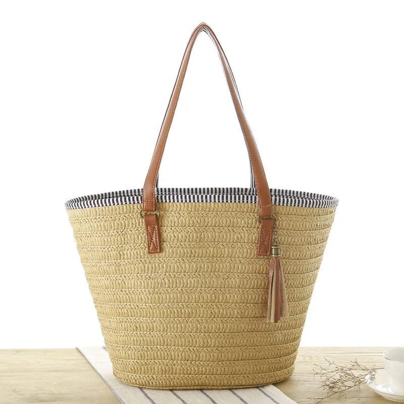 Summer Fashion Lady Style Paper Straw Handbag with ZIP Closure Two Handles-Portable Underarm Bag for Holidays