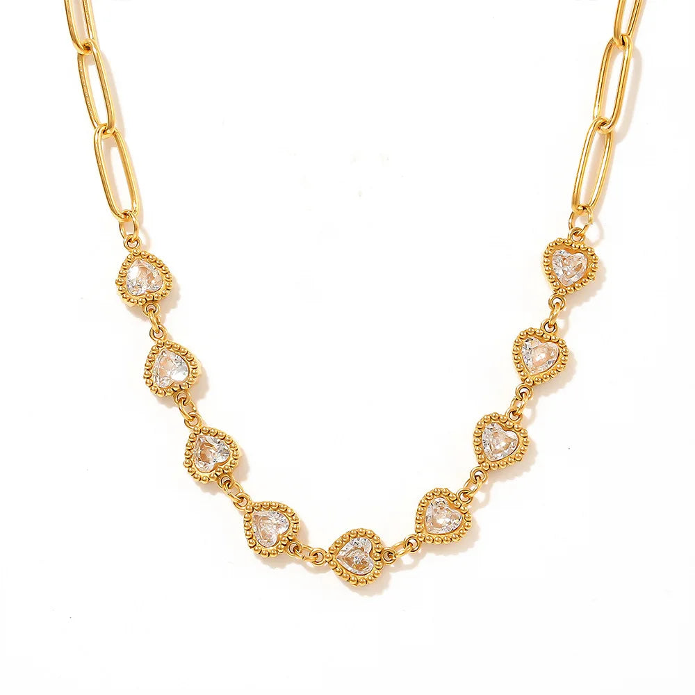 Wholesale 18K Gold Plated Stainless Steel Tennis Heart Choker Necklace for Women Trendy Link Chain with Zircon for Engagement MegaBDM