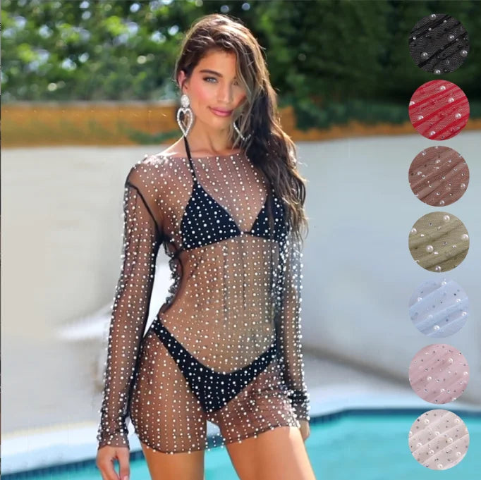 New Hot Selling Women's Fashion Sexy Perspective Bright Diamond Bubble Bead Mesh Long Sleeve Beach Dress