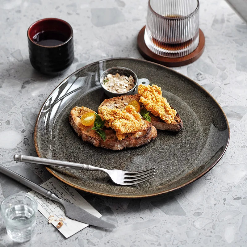 Eco-Friendly Ceramic Fambe Dinnerware Round Flat Blue Glazed Shallow Plate for Dessert Salad Steak Triangle Restaurant Use