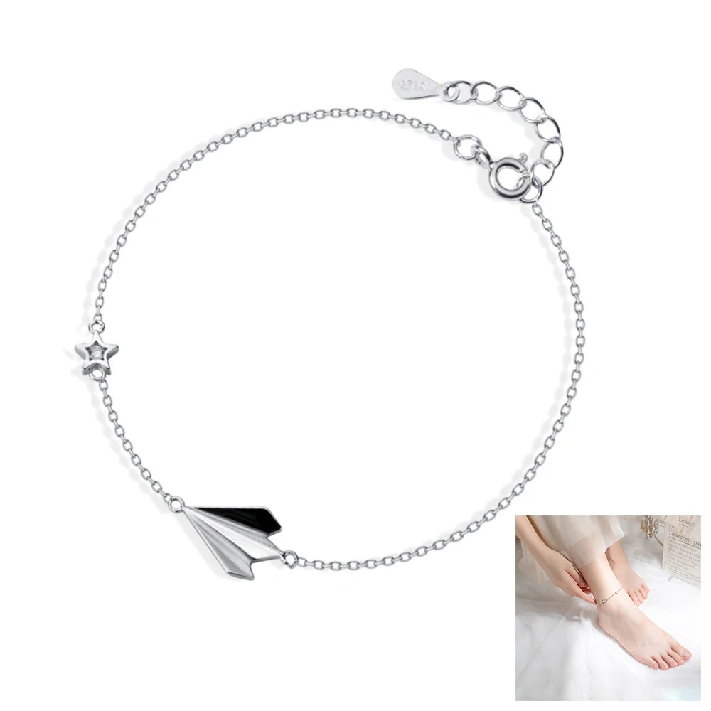 WMS3224 Sterling Silver Jewelry Paper Airplane Anklet Women's Simple Star Beach Anklet 925 Sterling Silver Paper Plane Anklet