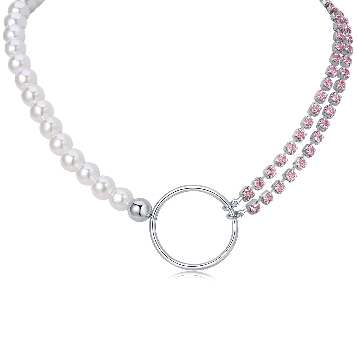 Personalized Hip-hop French Pink Zirconia Double Layer Circle Splicing Pearls Necklace