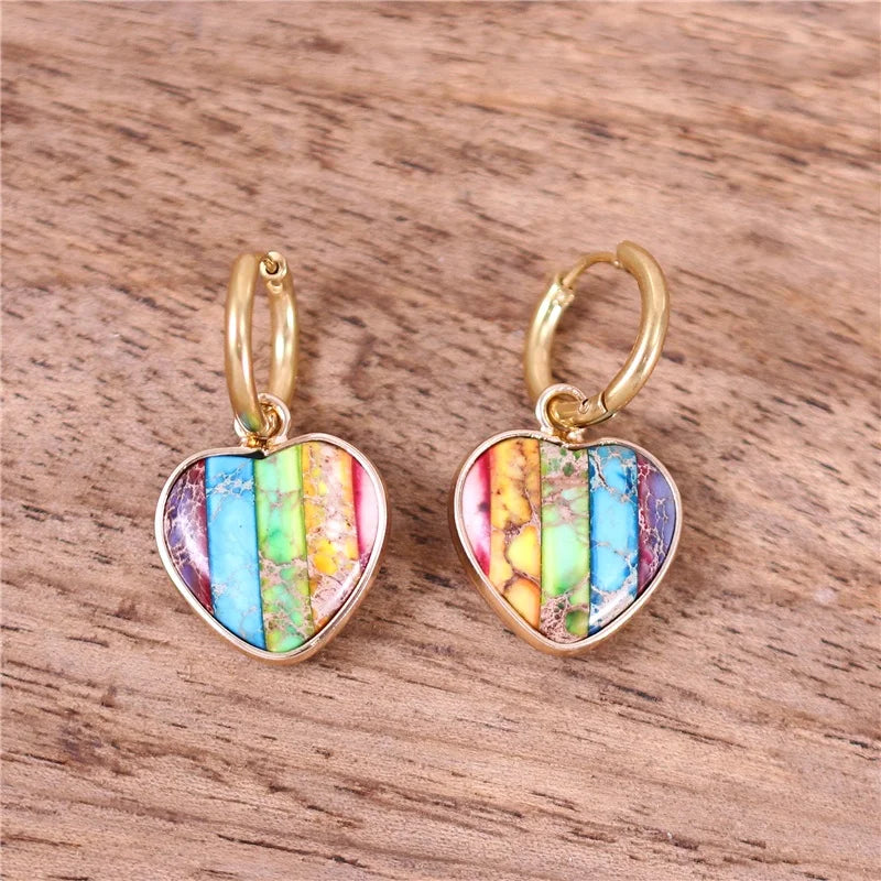 Boho Multi Colors Natural Stone Rainbow Heart Gold Hoop Earrings Colorful Gemstones 7 Chakra Huggie Earrings Women Gift Jewelry
