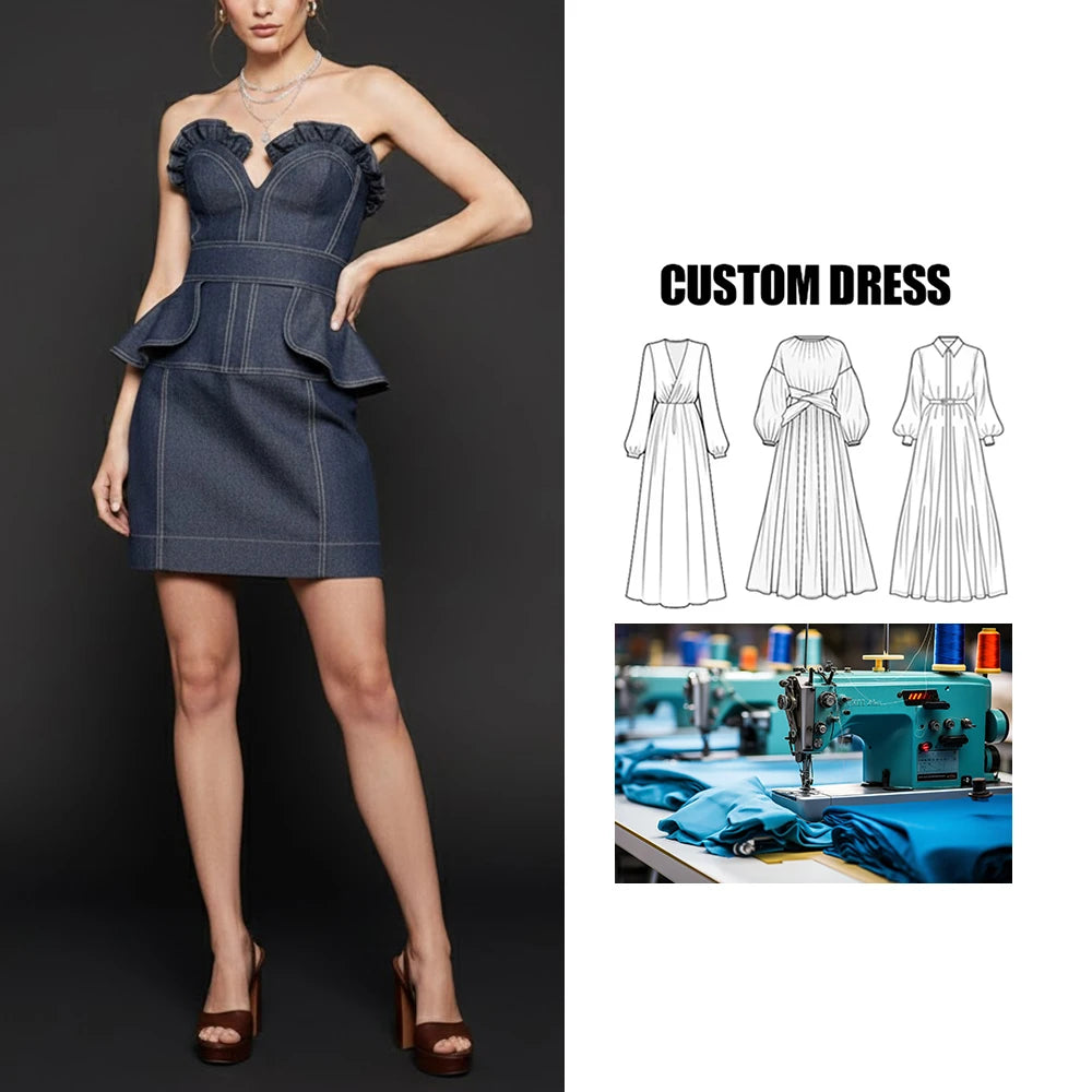 OEM Service Elegant Strapless Denim Mini Dress Fashion Ruffle Design Dress for Women Breathable Solid for Parties Formal Events