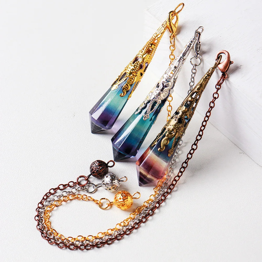Wholesale Longfei Donghai Natural Rainbow Fluorite Crystal Pendulum Energy Stone Mineral Pendant Faceted Hexagonal Rod Necklace