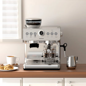 21M 1450W Electric Espresso Coffee Machine Brew System Hot Water System Milk Frother Grinder for Household Car Camping Hotel Use