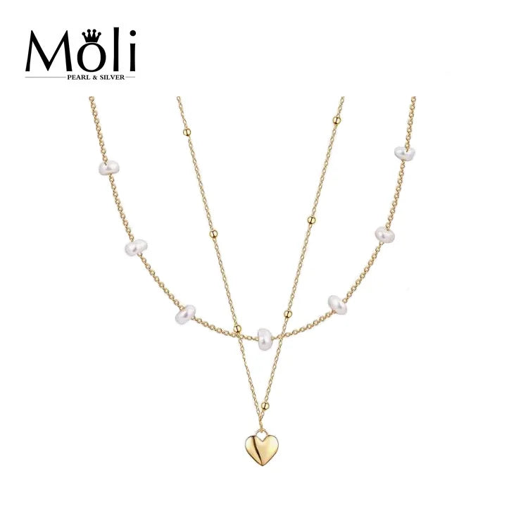 Fashion New Design Two Layer 7-8mm Button Natural Pearl 18K Gold Plated Flower Charm Strand Pearl Necklace