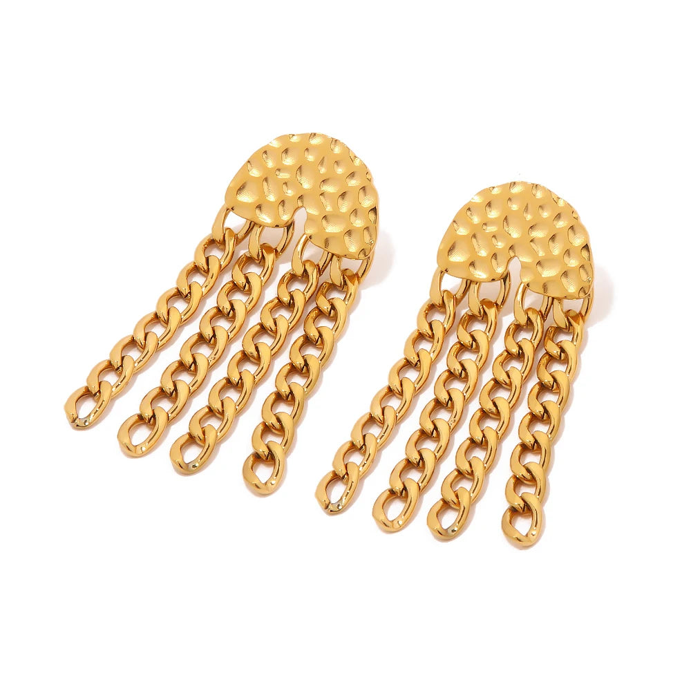 New Arrival 18K Gold Plated Texture Chain Earring Stainless Steel Cuban Chain Tassel Earring