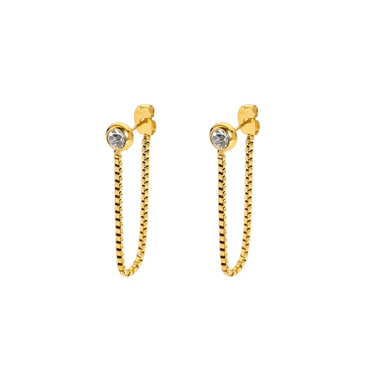 Trendy Geometric Minimalist Non-Tarnish 18K Stainless Steel Gold Plated Box Chain CZ Drop Earrings High Polish for Women