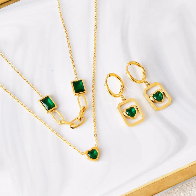 New Arrival 2 Pcs 18k Gold Plated Stainless Steel Heart Zircon Jewelry Set Necklace Earrings Tarnish Free for Women