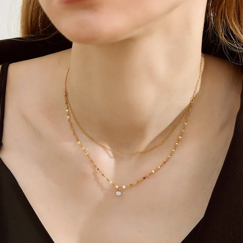 2022 Fashion Simple Stainless Steel 18K Gold Light Luxury Zircon Starlight Flash Piece Chain Double Layer Necklace