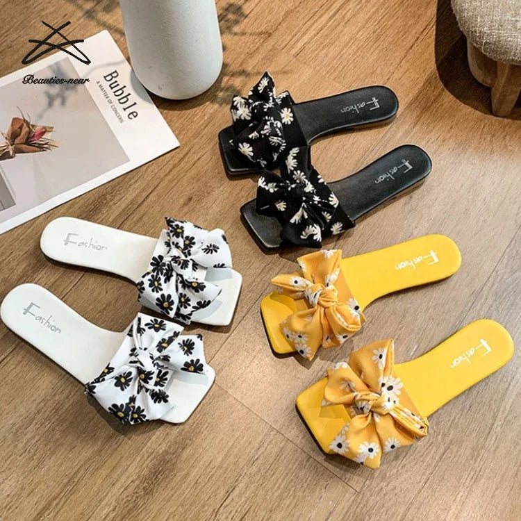 RTS 2021 Factory Price Design Sandals for Women Bow Tie Satin Flat Summer Shoes Women Sandals