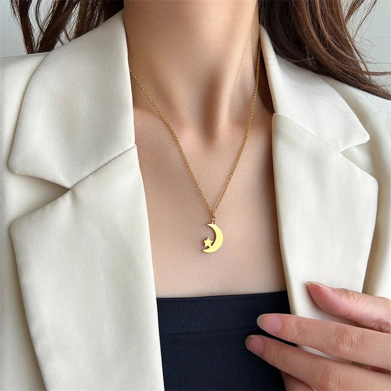 Stainless Steel Smooth Moon Star Necklace Gold Plated High Polished Star Moon Pendant Necklace