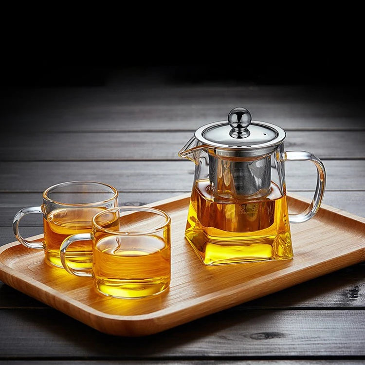 Wholesale 500ML Clear Borosilicate Square Glass Teapot Set with Food Grade 304 Stainless Steel Infuser Eco-Friendly Handmade