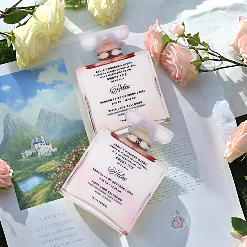 2025 Unique Custom Design Pink Printing Perfume Bottle Shape Acrylic Invitation with Hot Stamping Envelope and Tassel