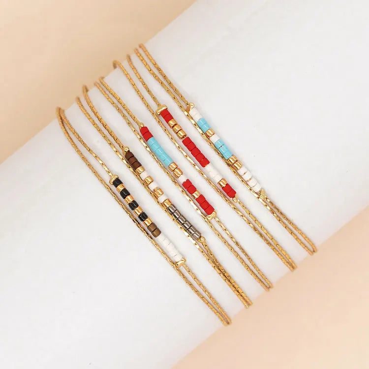 SC Bohemian Colorful Tiny Crystal Glass Beads Bracelets Women Super Thin Double Layer Gold Plated Stainless Steel Chain Bracelet