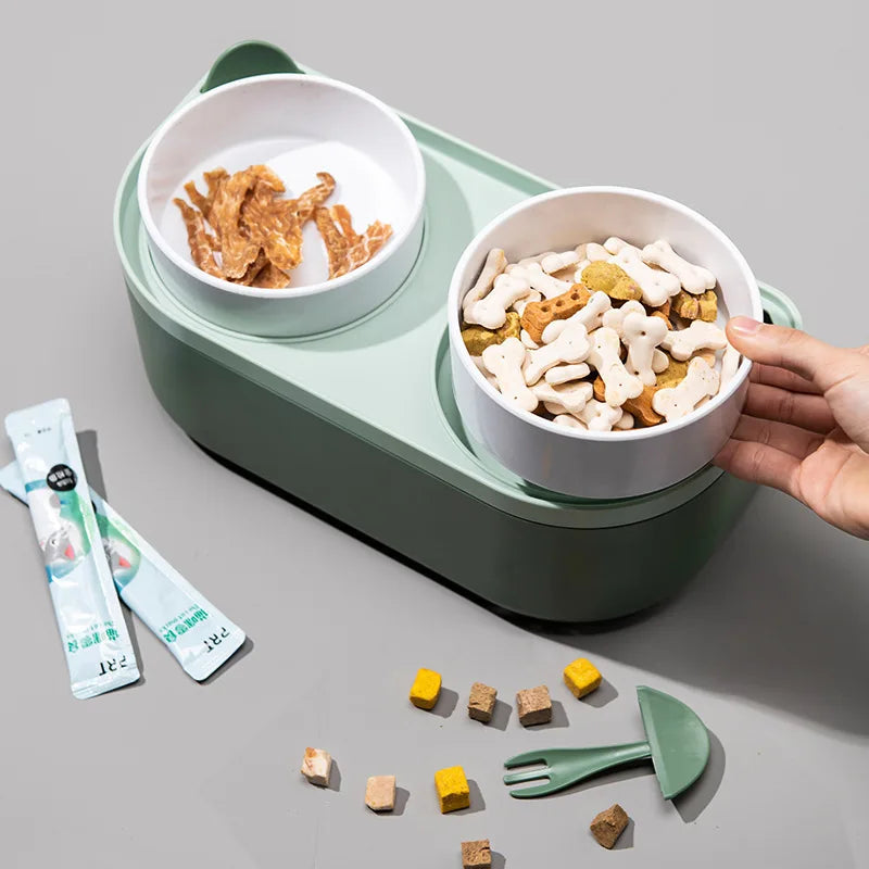 Wholesale Stocked 2 Large in 1 Elevated Plastic Bowls Storage with Spoon for Dogs and Cats