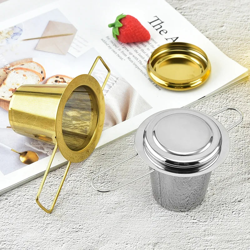 Gold Color BPA Free 304 Stainless Steel Tea Infuser Steeper for Loose Tea Double Foldable Handle with Lid