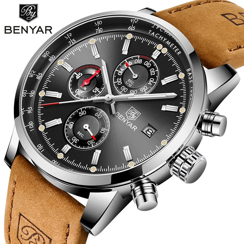 BENYAR 5102 Hot Men Watch Chronograph Waterproof Sport Genuine Leather Mens Wrist Watches Top New Luxury Man Clock Gift