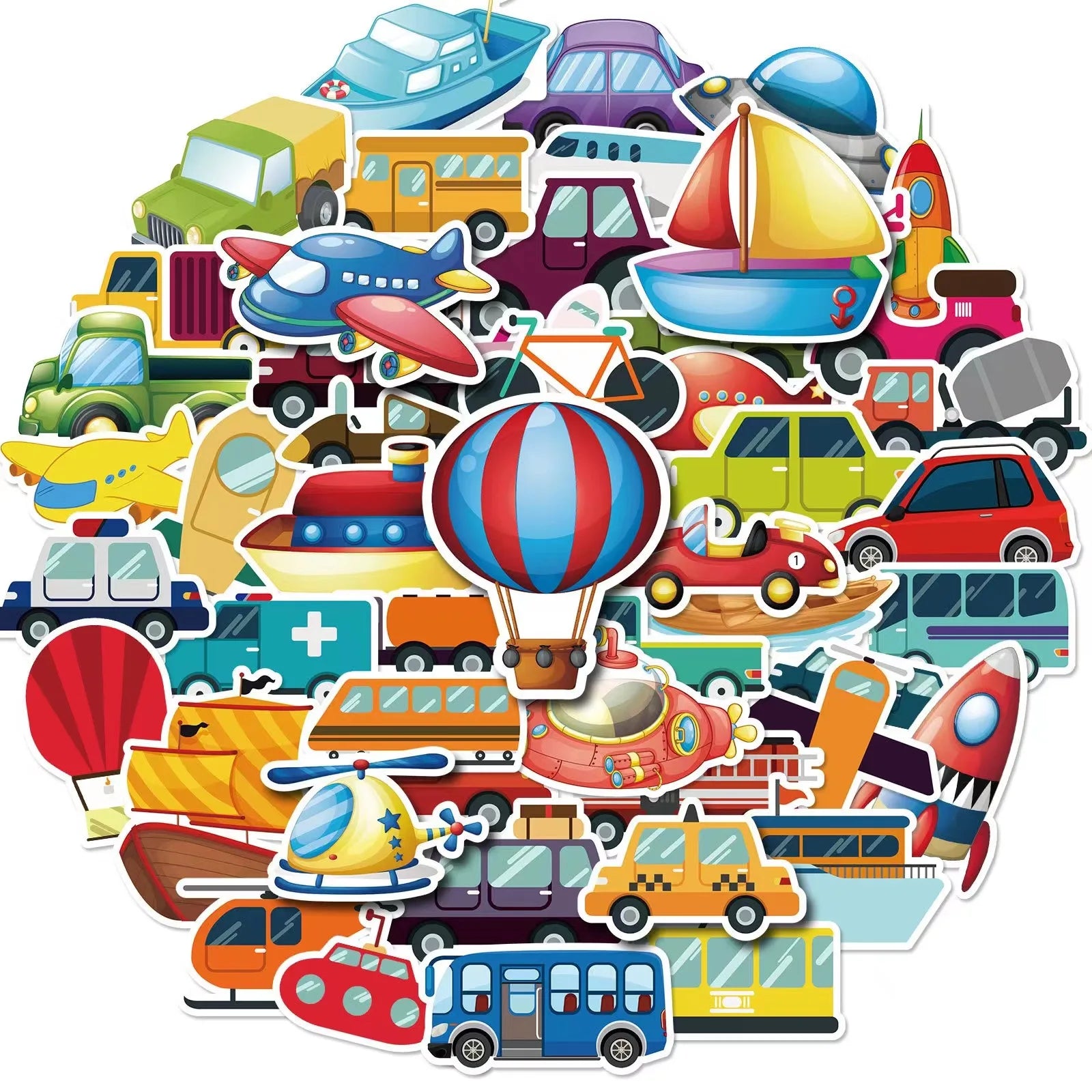 50pcs Cartoon Vehicle Series Graffiti  Stickers Packs for Cute Puzzle Vehicles Cars Planes Ships Hot air Rod Skateboards