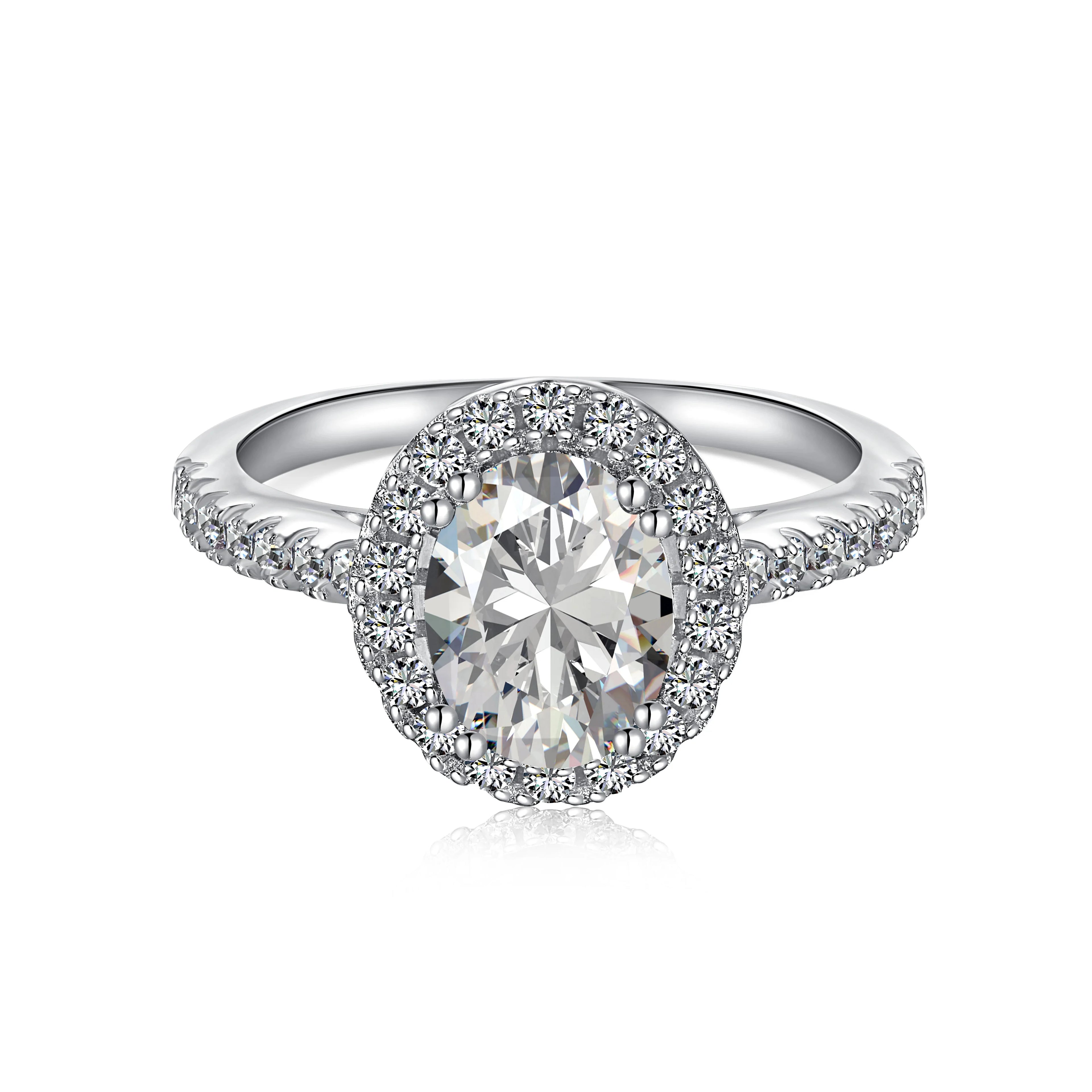 925 Silver Rhodium-Plated Trendy Ring with Oval-Cut Zircon Flower Head Inlay for Wedding Engagement Party or Gift