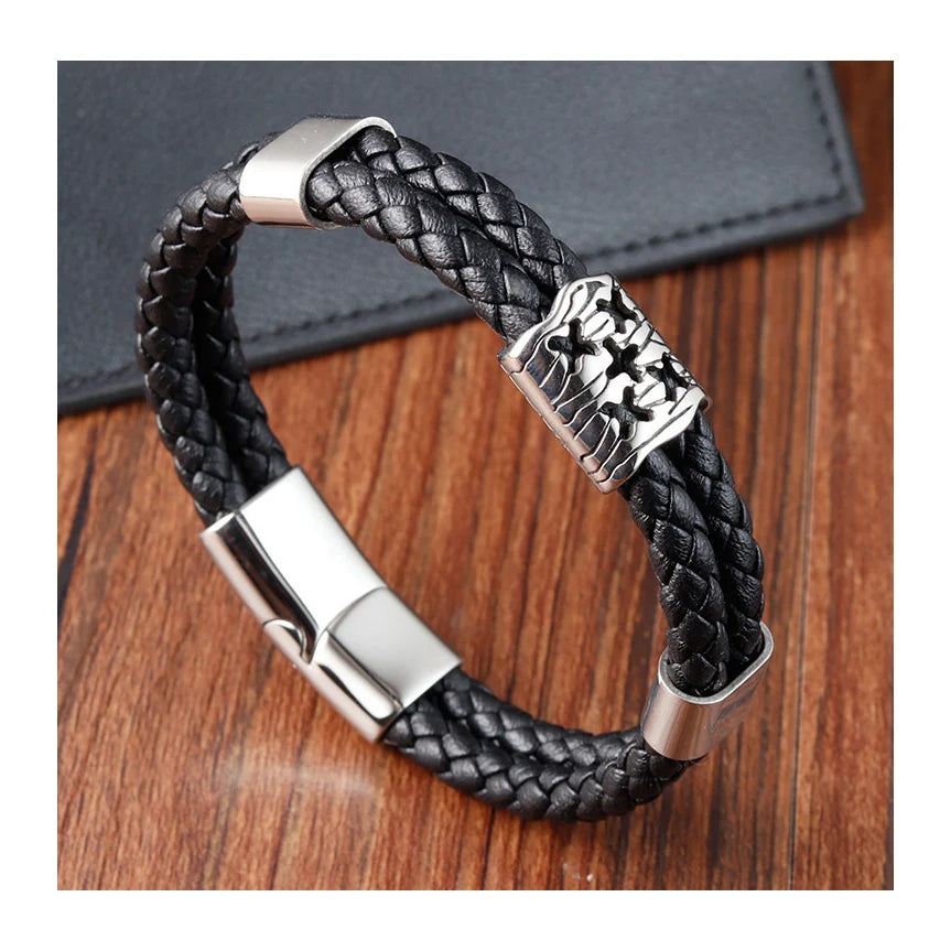 Premium Quality Logo Customized Stainless Steel Clasp Leather Strap Bracelet Luxury Braided Leather Bracelets for Men OT-211