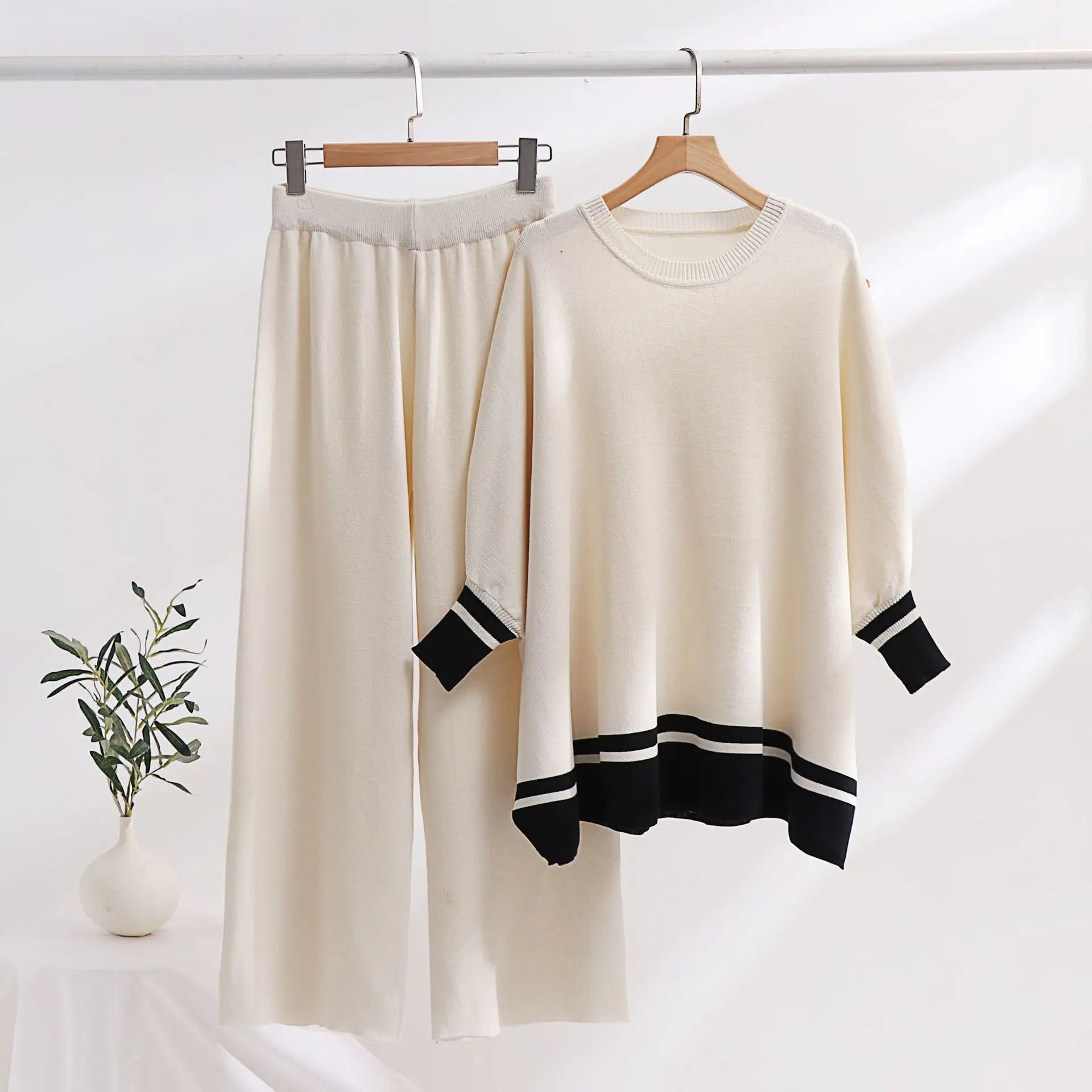 Boutique Wholesale 2026 Autumn Slimming Wide Leg Pants Long Sleeved High Stretch Knitted Sweater Women's Set