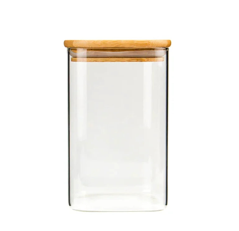 High Quality Borosil Square Glass Jar Bamboo Lid Hand Blown Technique Eco-Friendly Airtight Modern Kitchen Storage Food