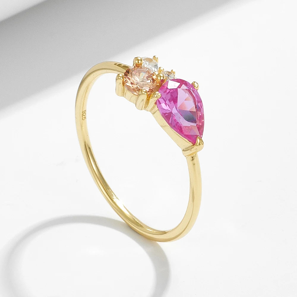 Wholesale Custom Luxury 925 Sterling Silver Women's Rings Gold Plated Colorful Water Drop Zircon Fashionable for Weddings