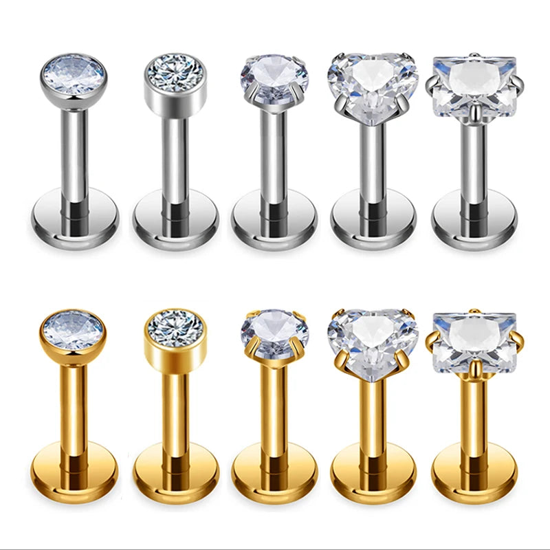 1 Pairs 16g Hypoallergenic Titanium G23 Earrings Gold White 1.5-5mm Cubic Zirconia Zircon 16g Hypoallergenic CZ Earrings Set