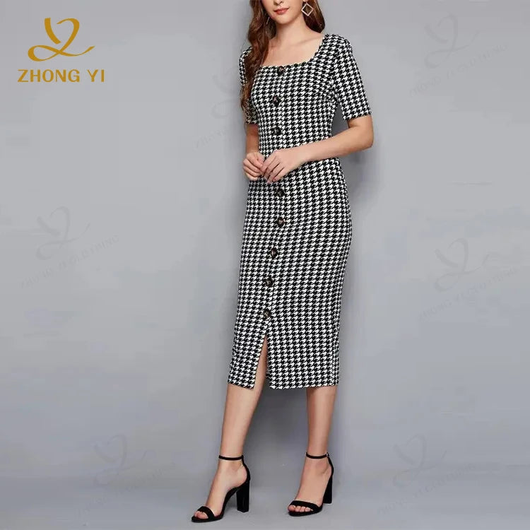 Custom Trend Lady Fashion Vintage Elegant Summer Luxury Short Sleeve O Neck Plaid Midi Tweed Clothes Long Dress for Women