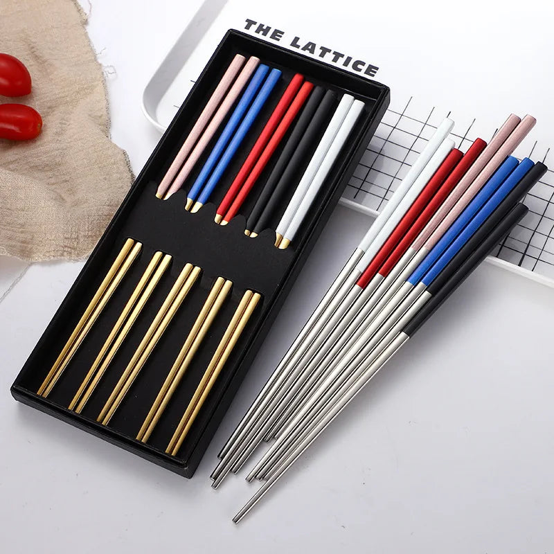 Customized Engraved Logo Restaurant Hotel Reusable Red Pink Gold Chopstick Stainless Steel Chopsticks Gift Set