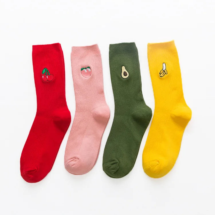 XIANGHUI Wholesale Custom logo  Cute Cartoon Fruit Print Banana Cherry Peach Girls Socks Korean Embroidery Funny Long Socks