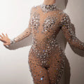 Nude Color Mesh Irregular Sequined Luxury Diamond Birthday Party Long Dress Long Sleeve See Through Nightclub Dress
