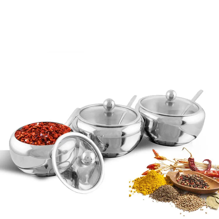 Kitchen Condiment Storage Bowls Stainless Steel Seasoning Holder with Lid & Spoon Spice Container Sugar Bowl
